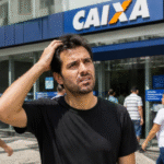 Homem confuso na frente da Caixa Econômica Federal, aguardando pagamento de precatório.