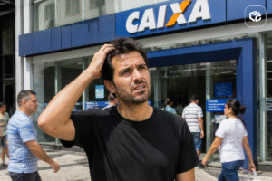 Homem confuso na frente da Caixa Econômica Federal, aguardando pagamento de precatório.