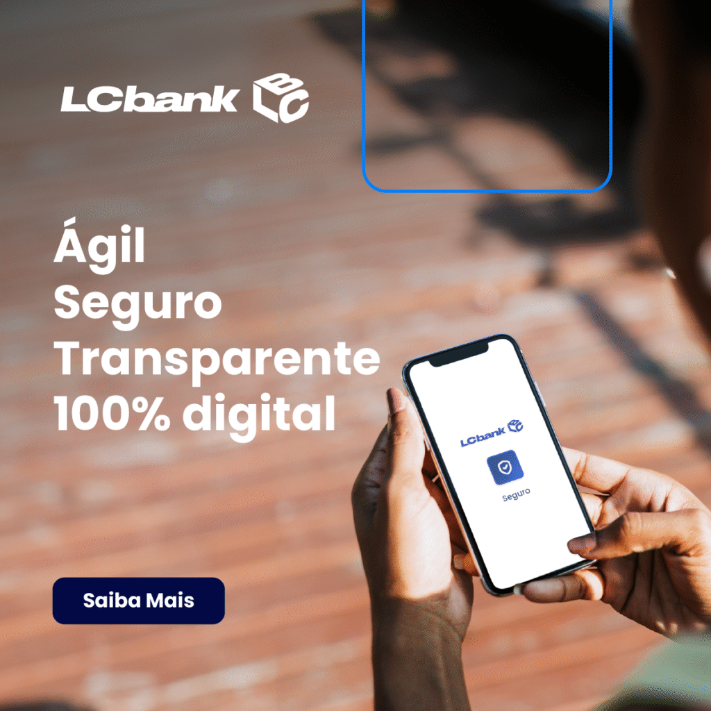 Logo LCbank, texto "Ágil Seguro Transparente 100% digital" e celular com app LCbank.